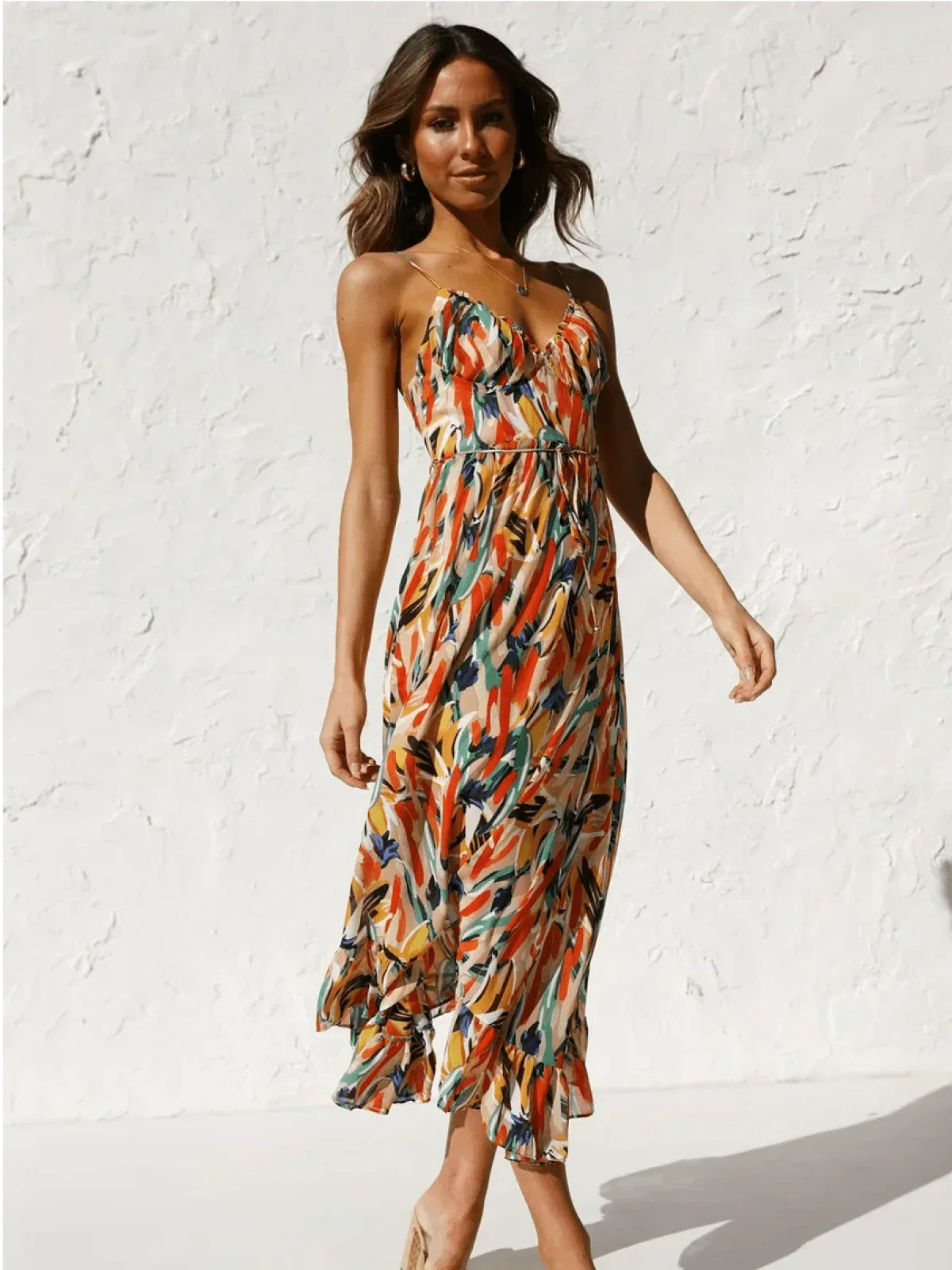 Abstract Brushstroke Print Spaghetti Strap Ruched Bust Tie Waist Midi Dress 5