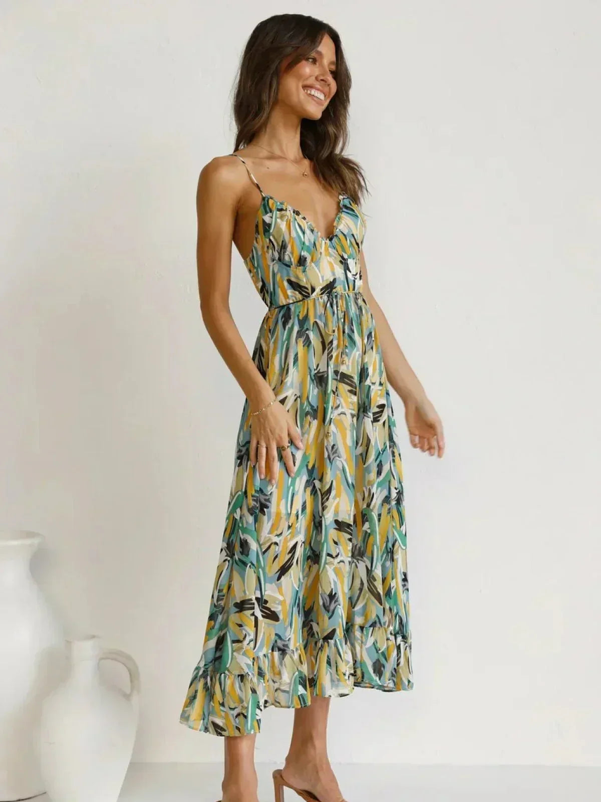 Abstract Brushstroke Print Spaghetti Strap Ruched Bust Tie Waist Midi Dress 10