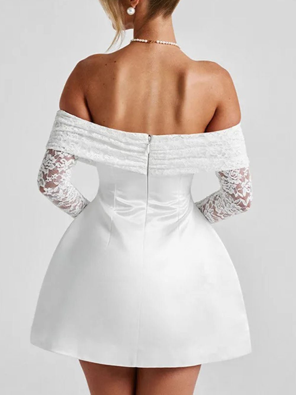 Off-the-Shoulder Lace Trim Long Sleeve Princess Seam Fit and Flare Mini Dress 2