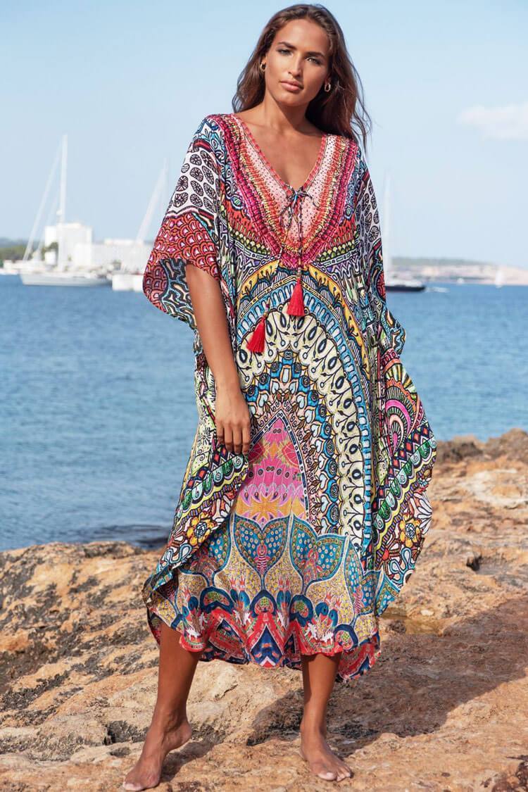Ethnic Printed Sleeved Tie Front V Neck Maxi Cover Up