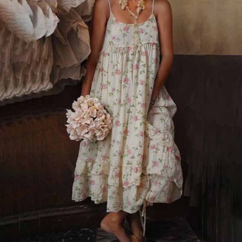 Spaghetti Strap Empire Waist Pocket Tiered Ruffle Hem Floral Midi Dress 2