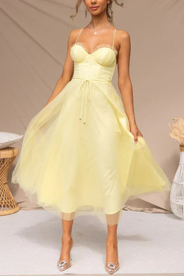 Sweetheart Neck Spaghetti Strap Corset Lace Up Tulle Skirt Midi Dress 17