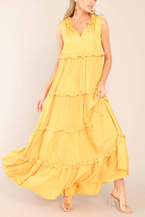 Ruffle Collar V-Neck Tie Strap Tiered Floor-Length Maxi Dress 3