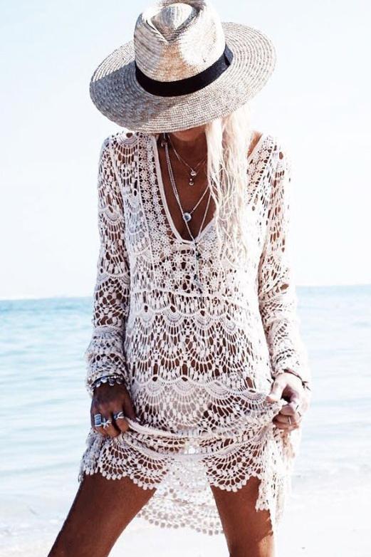 White Plunging Hollow Lace Crochet Long Sleeve Sexy Cover Up
