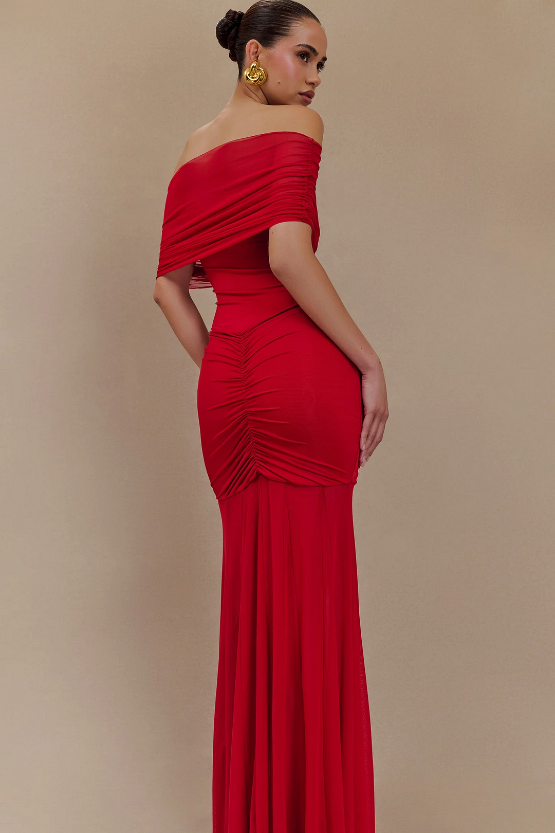 Off Shoulder Pleated Column Maxi Gown 3