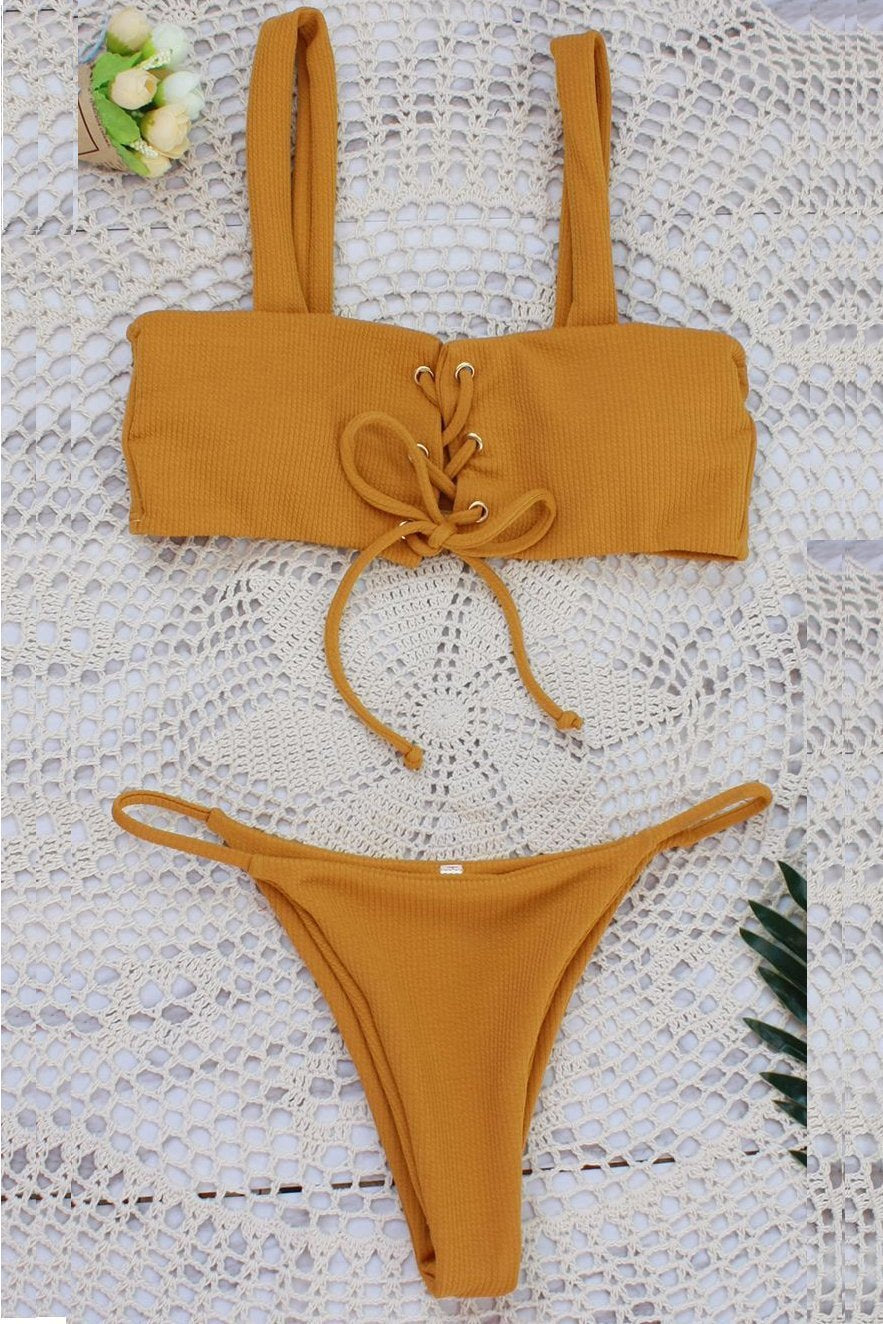 Yellow Strappy Lace Up High Cut Ribbed Thong Sexy Bikini Swimsuit