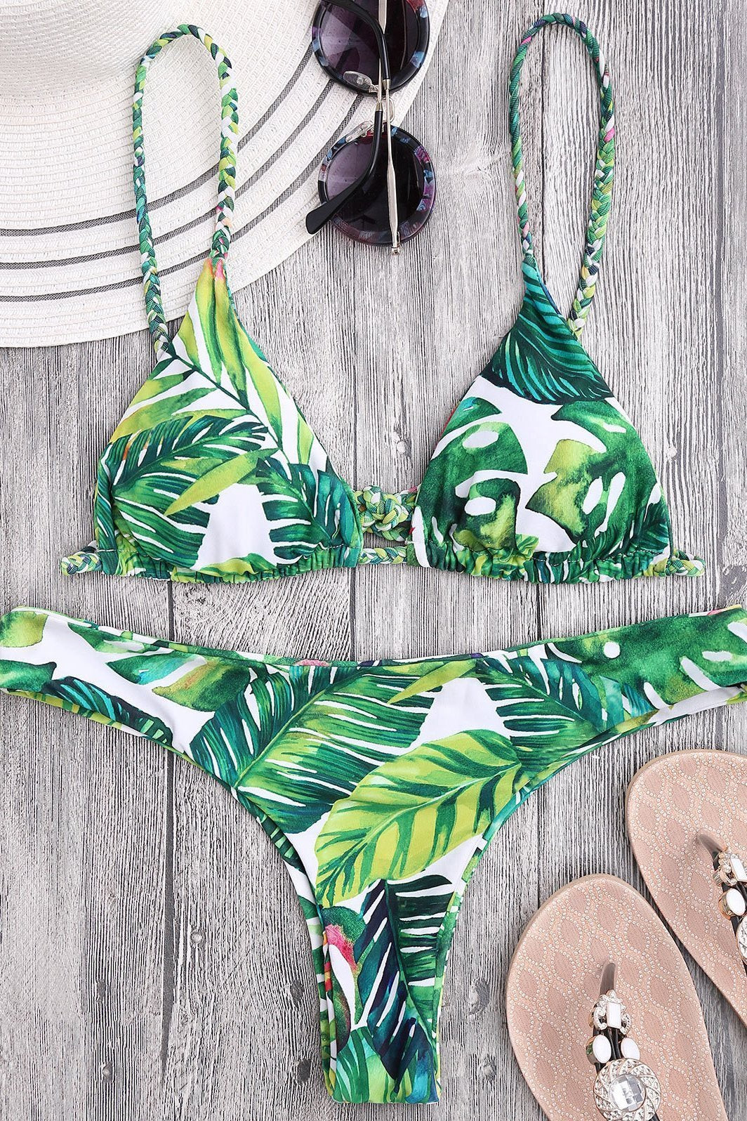 Green Tropical Leaf Print Braided High Cut Thong Cheeky Sexy Bikini Bathing Suit