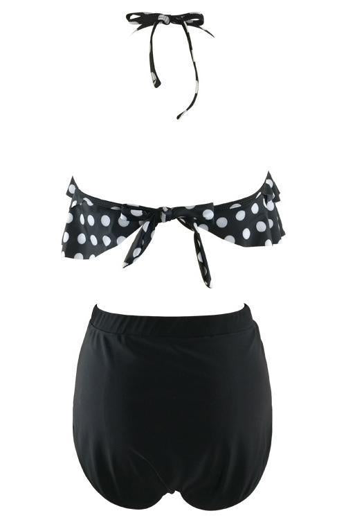 Black Polka Dot Print Halter Ruffled High Waisted Retro Bikini