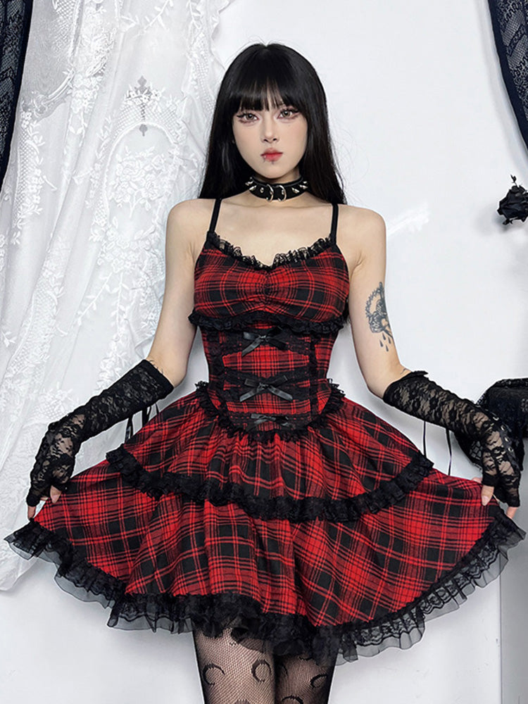 Tartan Plaid Lace Trim Tiered Bow Spaghetti Strap Mini Dress