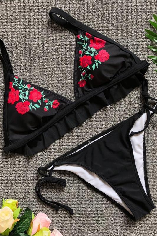 Black Floral Embroidery Triangle Ruffle Trim Side Tie Sexy Cheeky Bikini Swimsuit
