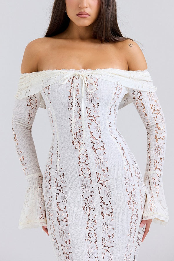 Floral Lace Off Shoulder Bell Sleeve Mermaid Maxi Dress 10