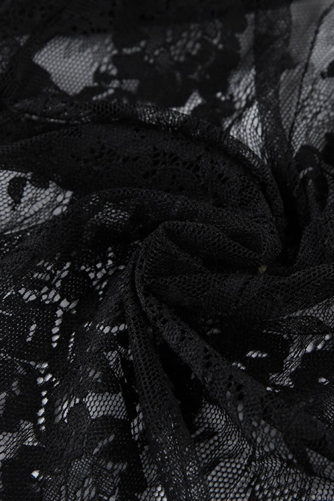 Black Square Neck Ruffle Trim Sheer Lace Ribbon Tie Maxi Dress 8