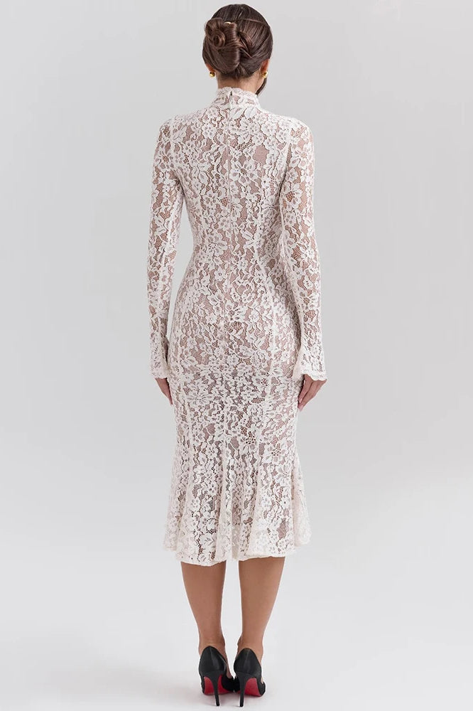 Floral Lace Mock Neck Bell Sleeve Mermaid Hem Midi Dress 6