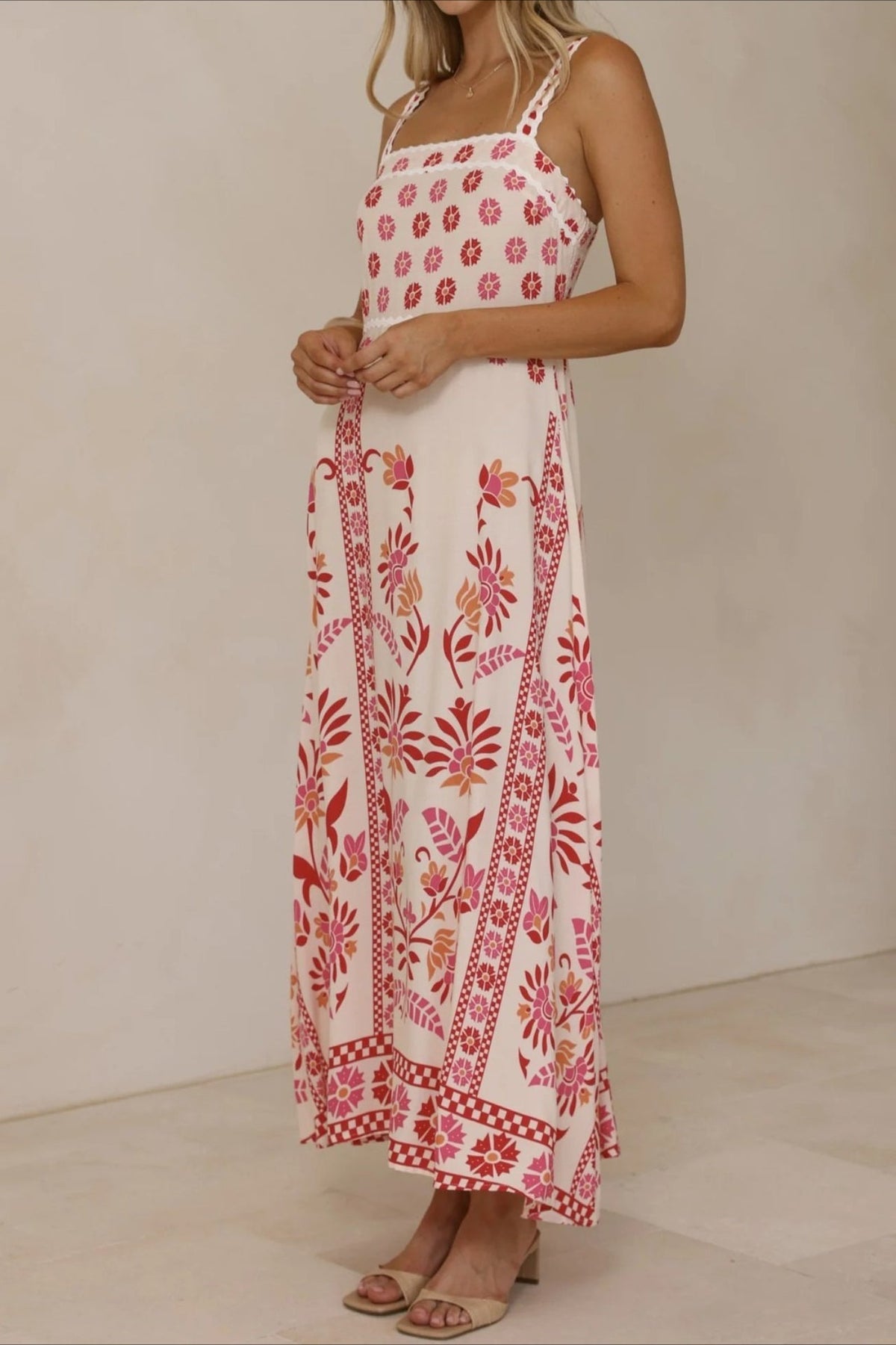 Scalloped Trim Square Neck Panel Print Border Hem Maxi Dress 6