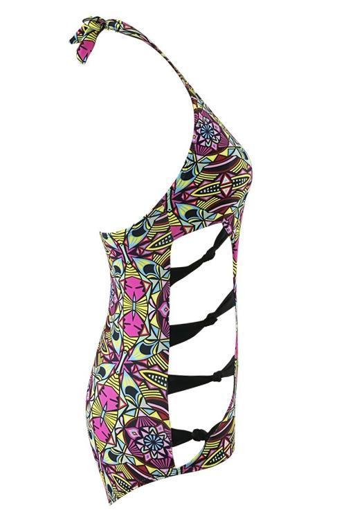 Fuchsia Halter Scoop Neck African Tribal Print Strappy Cutout Braided Backless Sexy Monokini