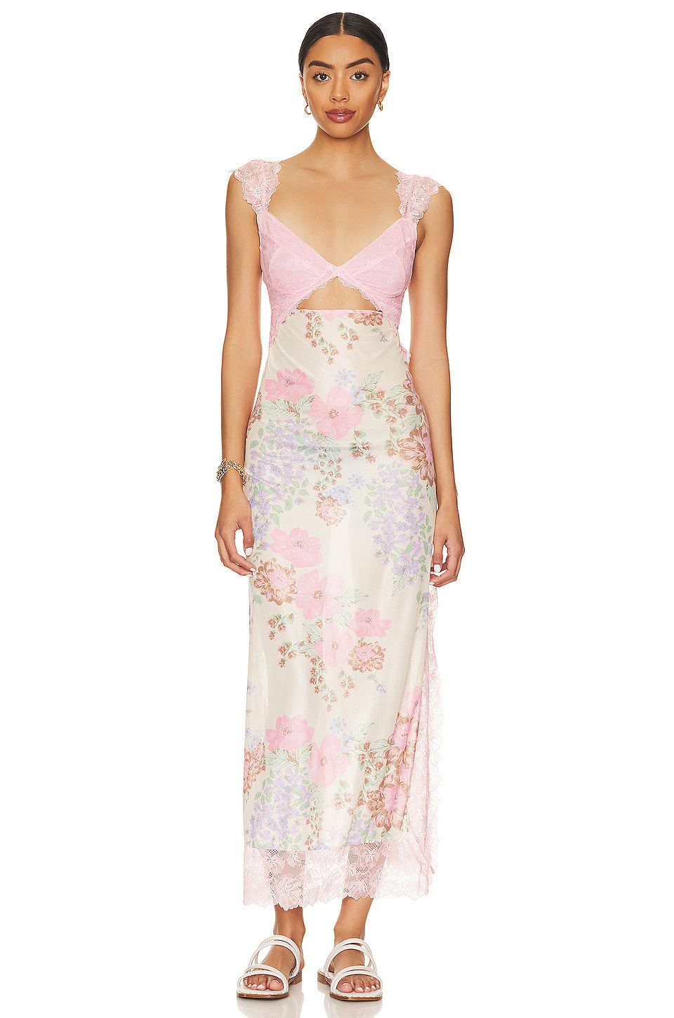 Lace Bodice Floral Print Cutout Slip Maxi Dress