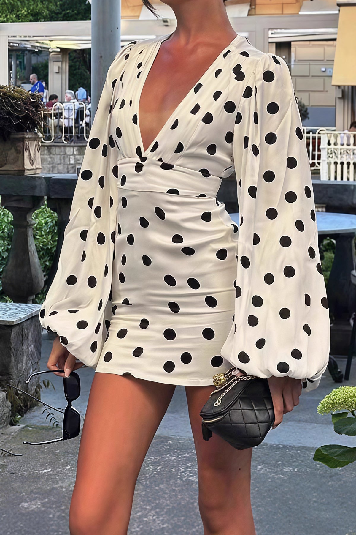 Polka Dot Deep V-Neck Balloon Sleeve Cinched Waistband Bodycon Mini Dress 3