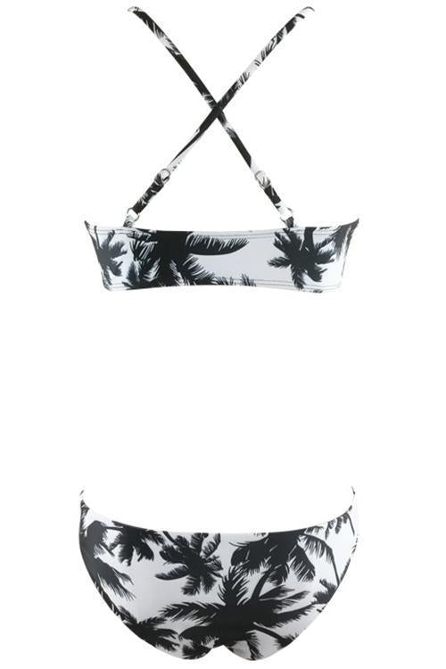 Black Palm Tree Print Crisscross Sexy Strappy Bikini