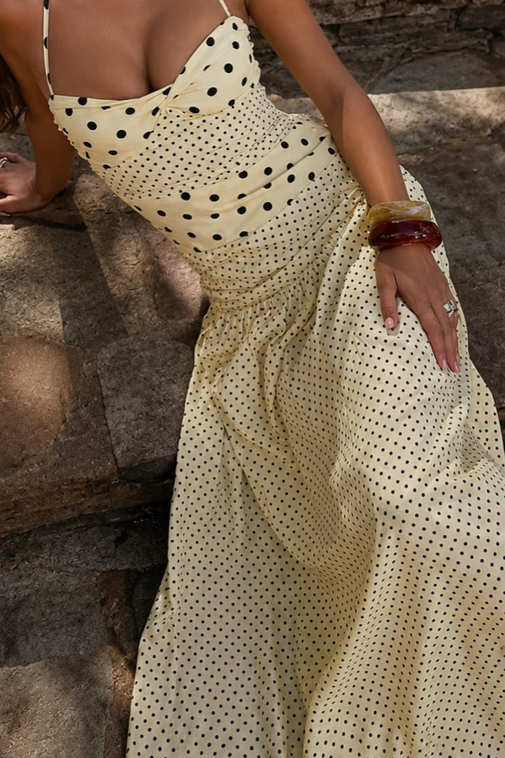 Sweetheart Halter Knot Bodice Mixed Scale Polka Dot Maxi Dress 2