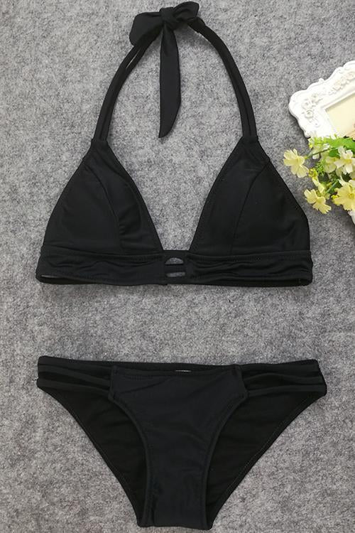 Black Halter Strappy Triangle Sexy Bikini Set