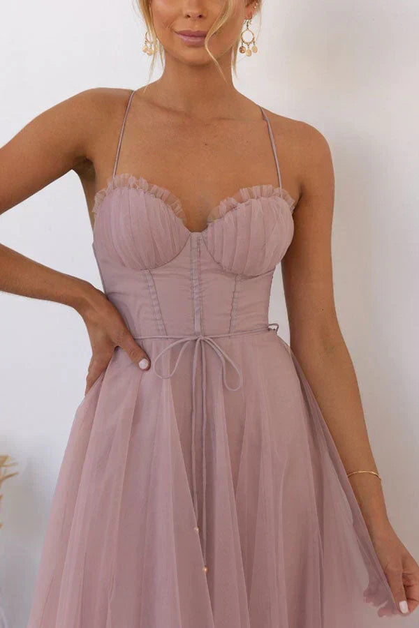 Sweetheart Neck Spaghetti Strap Corset Lace Up Tulle Skirt Midi Dress 4