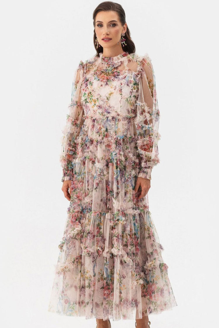 Mock Neck Bishop Sleeve Floral Tulle Tiered Ruffle Maxi Gown