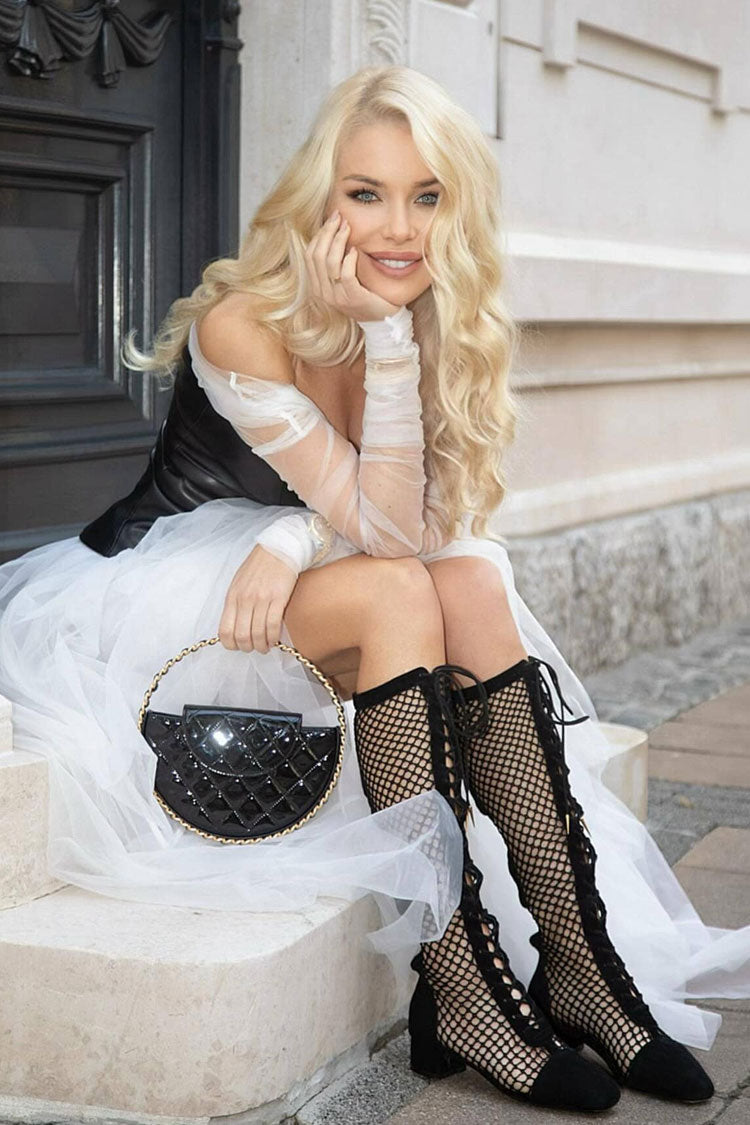 Off Shoulder Mesh Sleeve Strapless Faux Leather Corset Tiered Tulle Maxi Dress 2