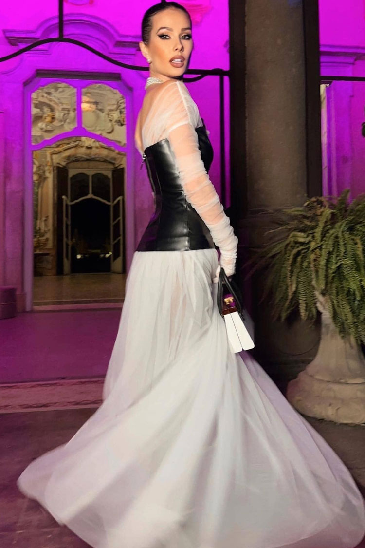 Off Shoulder Mesh Sleeve Strapless Faux Leather Corset Tiered Tulle Maxi Dress 5