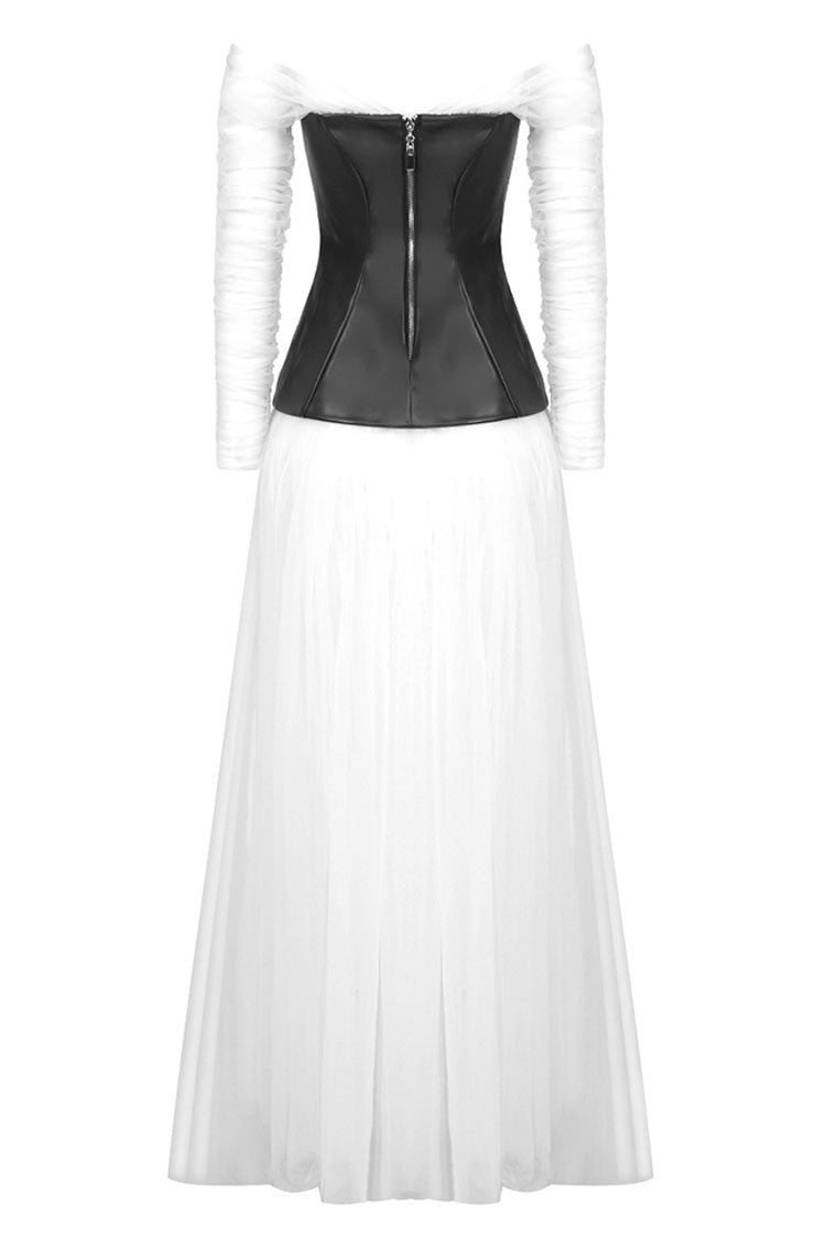 Off Shoulder Mesh Sleeve Strapless Faux Leather Corset Tiered Tulle Maxi Dress 7