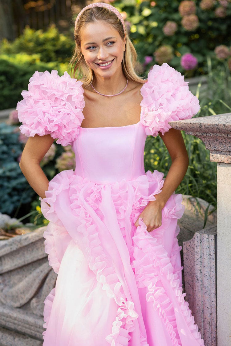 Square Neck Tiered Ruffle Puff Sleeve Organza Maxi Gown