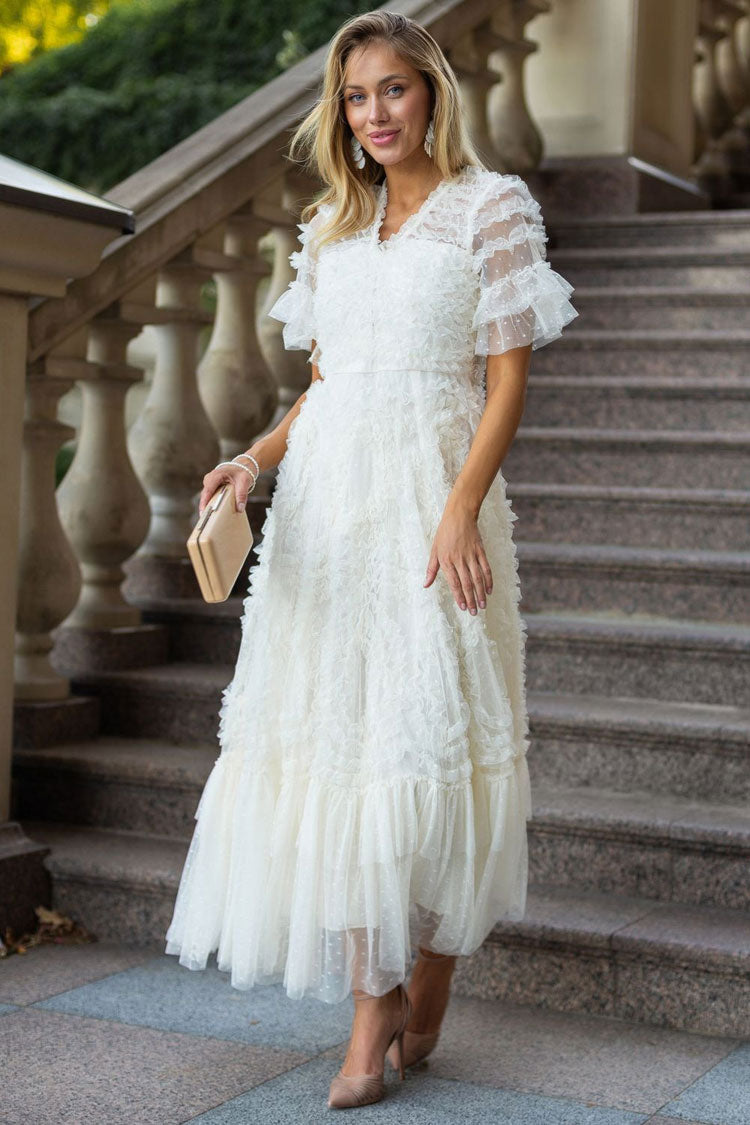Swiss Dot Tiered Ruffle V-Neck Flutter Sleeve Tulle Maxi Gown
