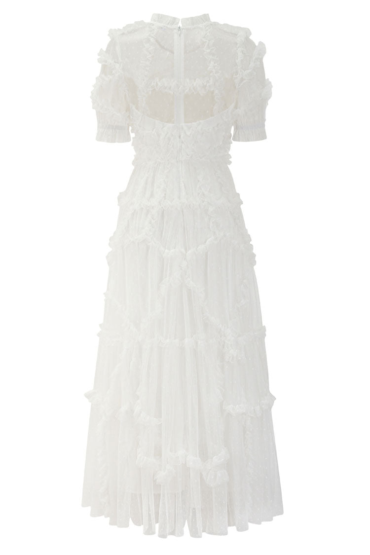 Mock Neck Swiss Dot Tulle Puff Sleeve Tiered Ruffle Midi Gown 5