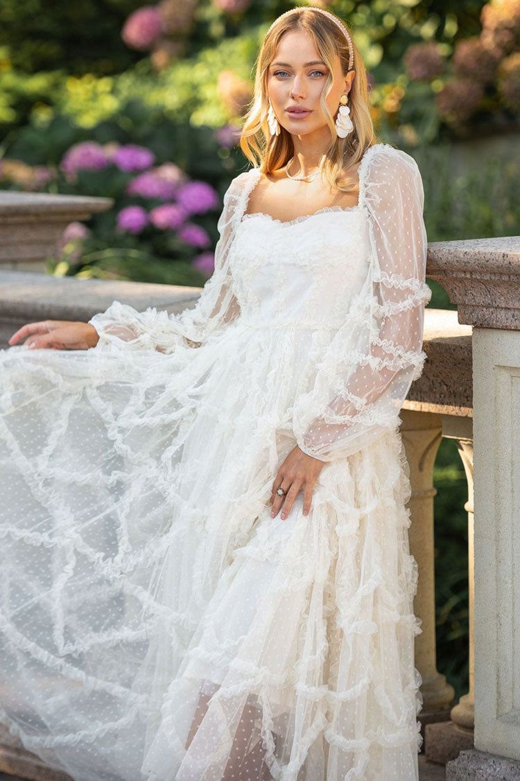 Sweetheart Swiss Dot Tulle Ruffle Tiered Bell Sleeve Belted Maxi Gown