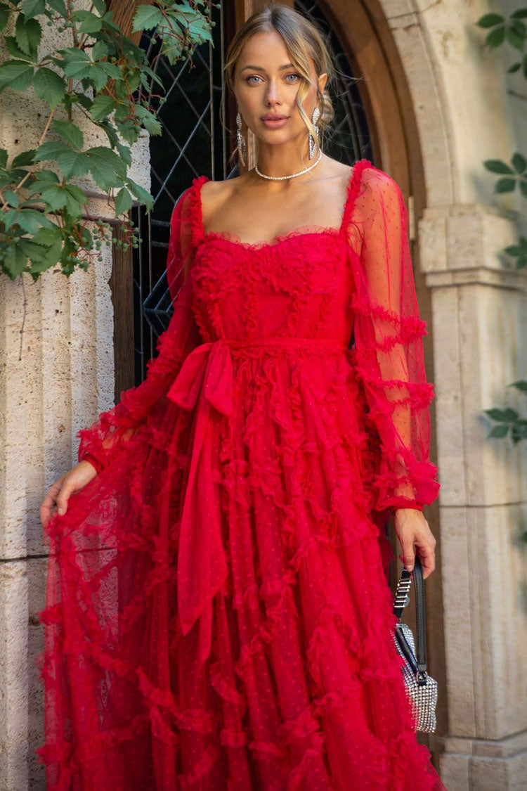 Sweetheart Swiss Dot Tulle Ruffle Tiered Bell Sleeve Belted Maxi Gown