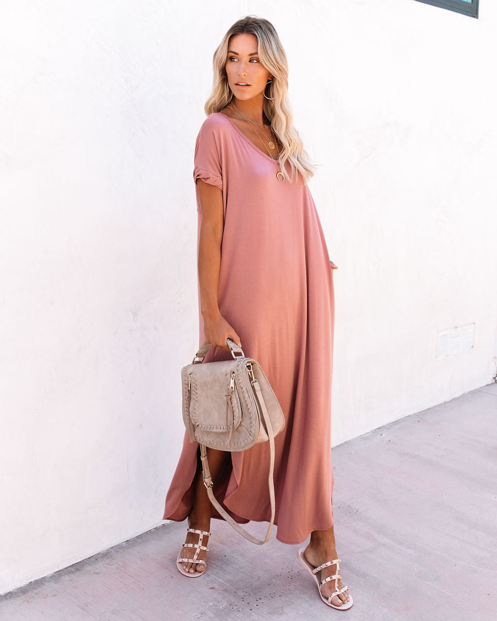 V Neck Short Sleeve Pocket Side Slit Knot Hem Maxi T Shirt Dress 7