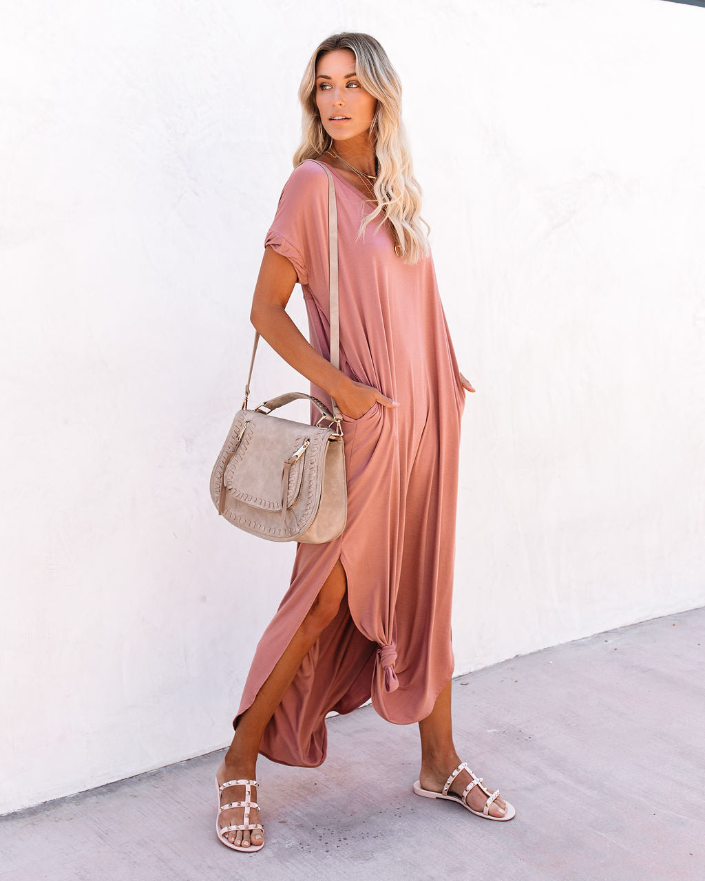 V Neck Short Sleeve Pocket Side Slit Knot Hem Maxi T Shirt Dress 8