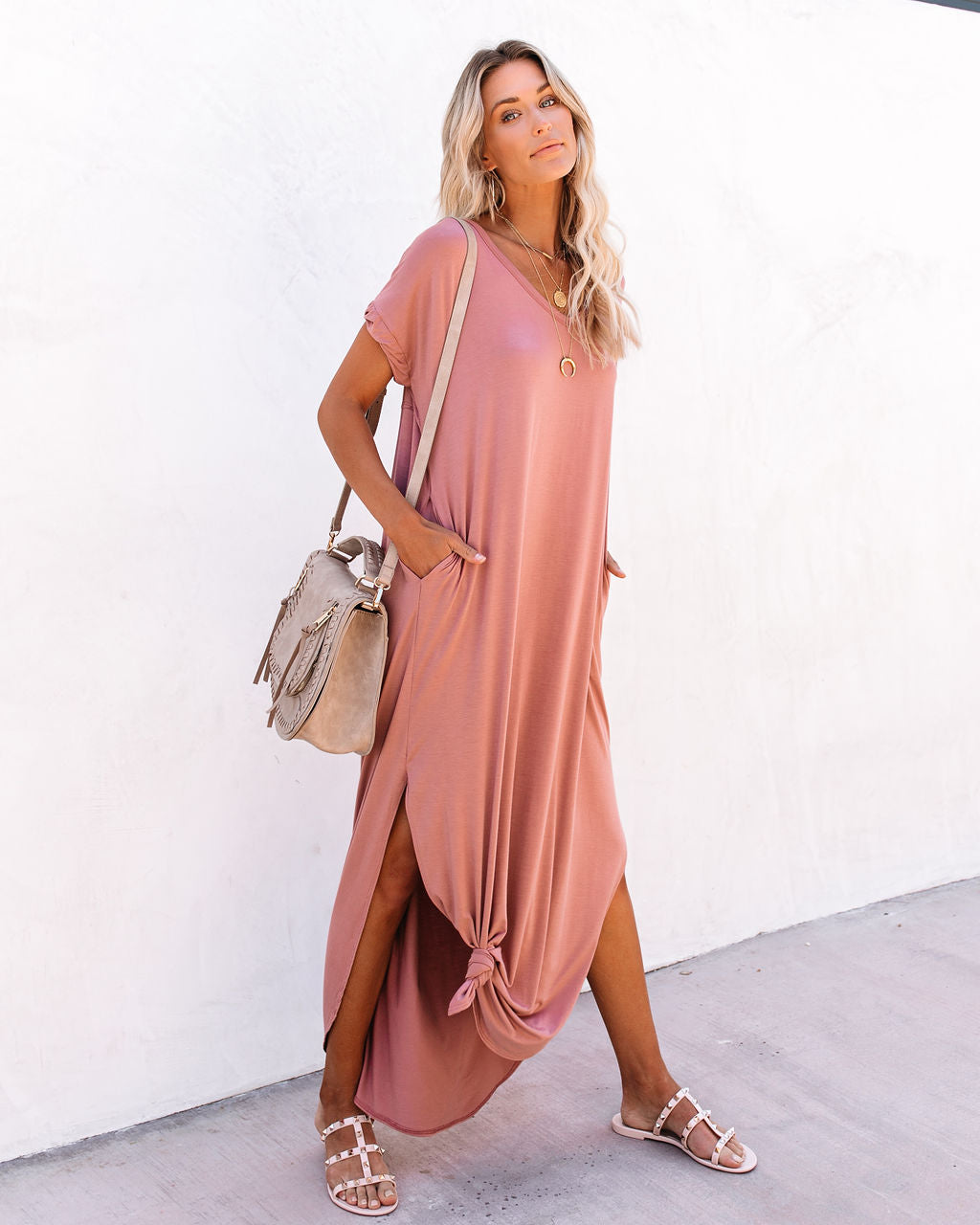 V Neck Short Sleeve Pocket Side Slit Knot Hem Maxi T Shirt Dress 3