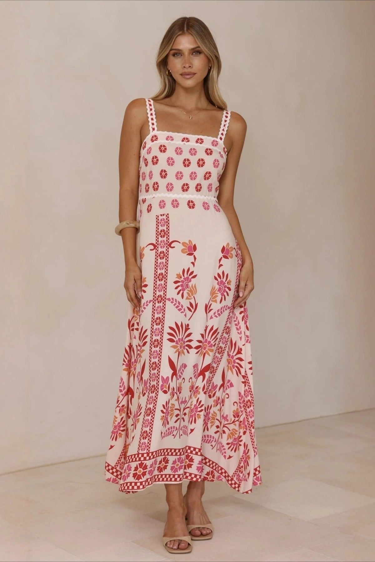 Scalloped Trim Square Neck Panel Print Border Hem Maxi Dress 3