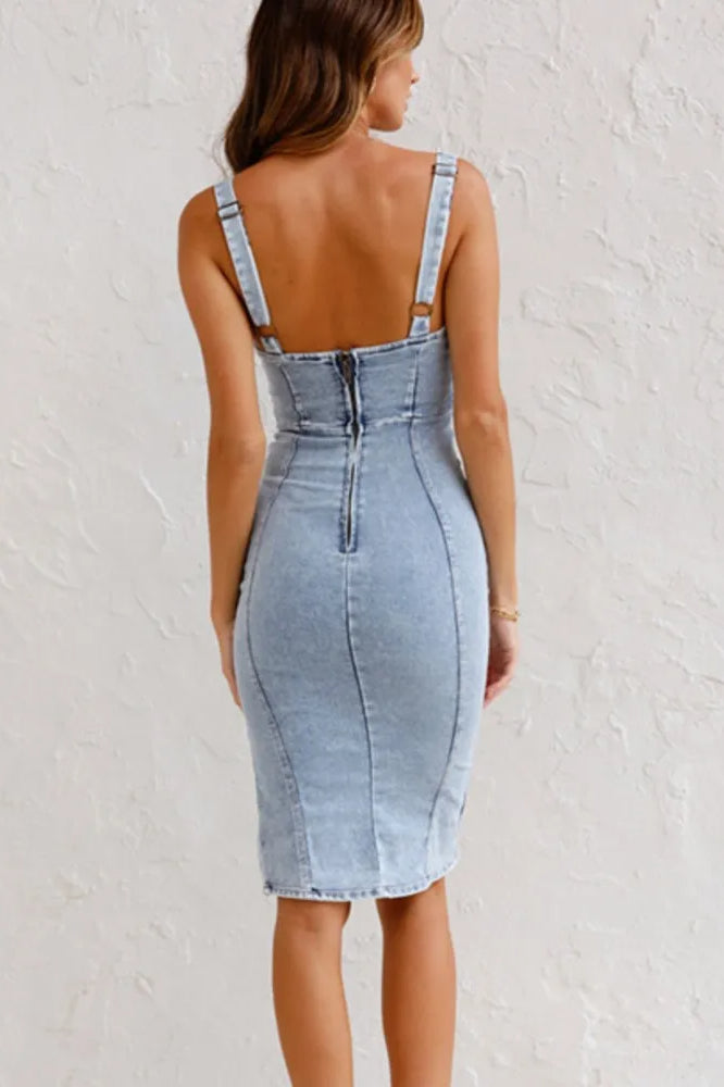 Denim Corset Scoop Neck Zip-Front Thigh Slit Bodycon Midi Dress 2