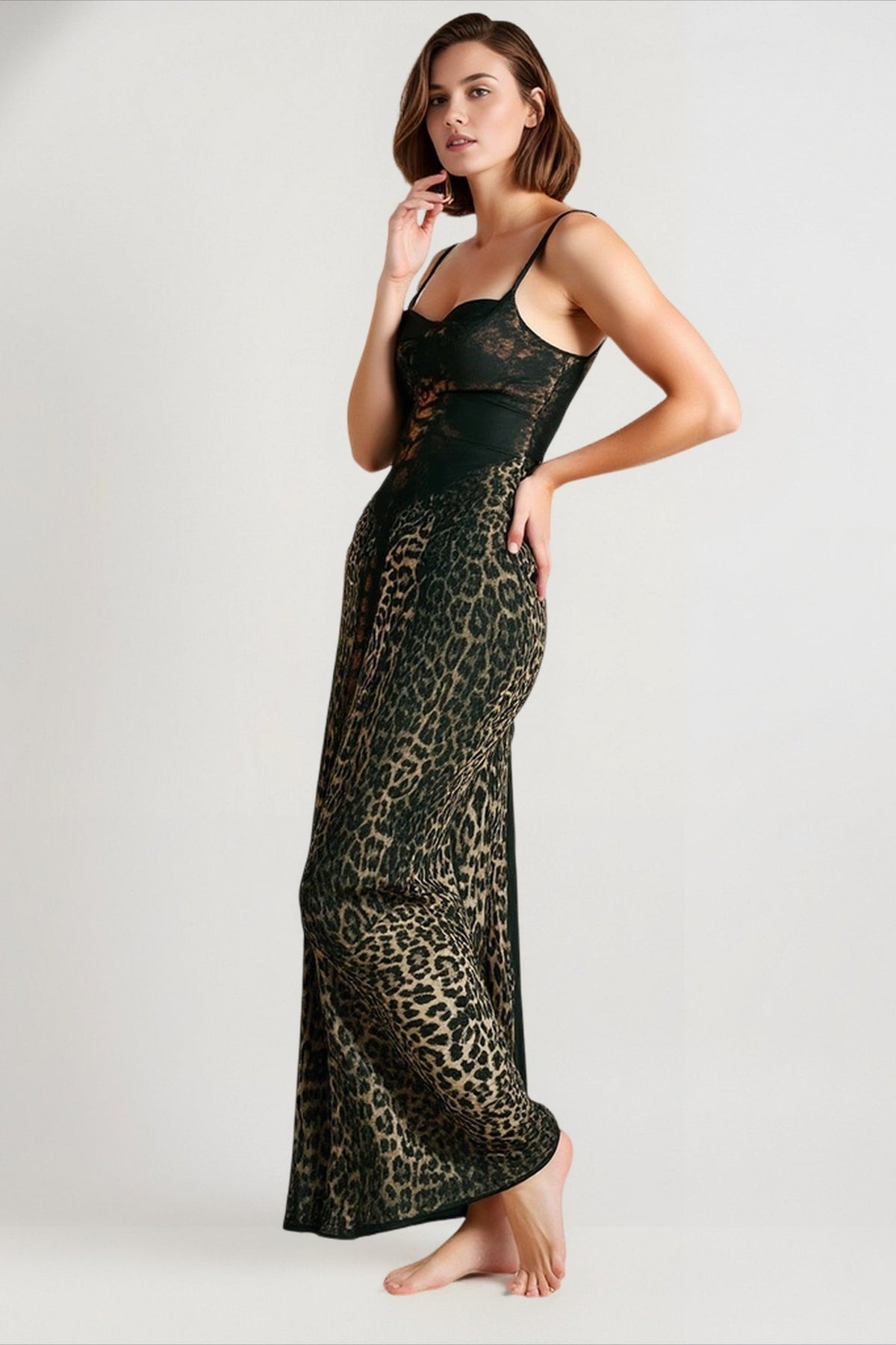 Spaghetti Strap Lace Corset Bodice Print Column Maxi Dress