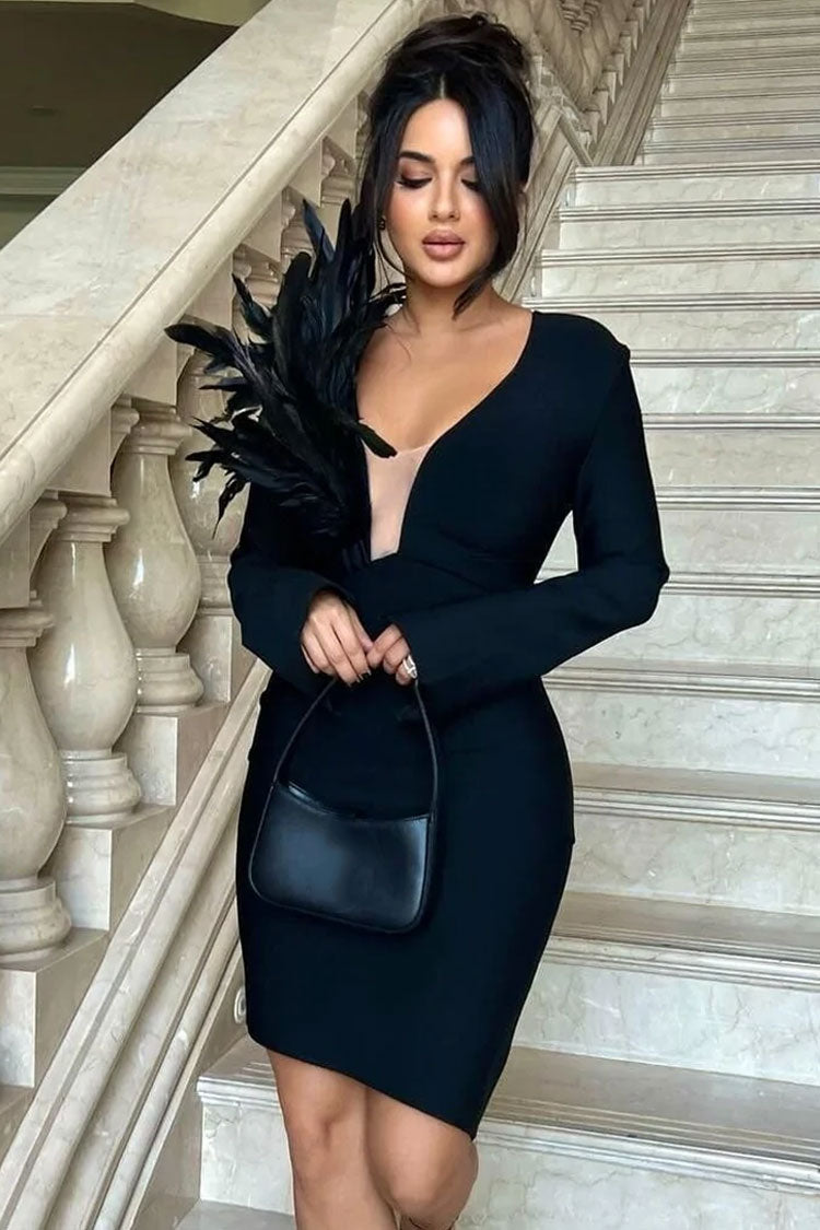 Feather Shoulder Deep V Mesh Panel Long Sleeve Mini Dress 2