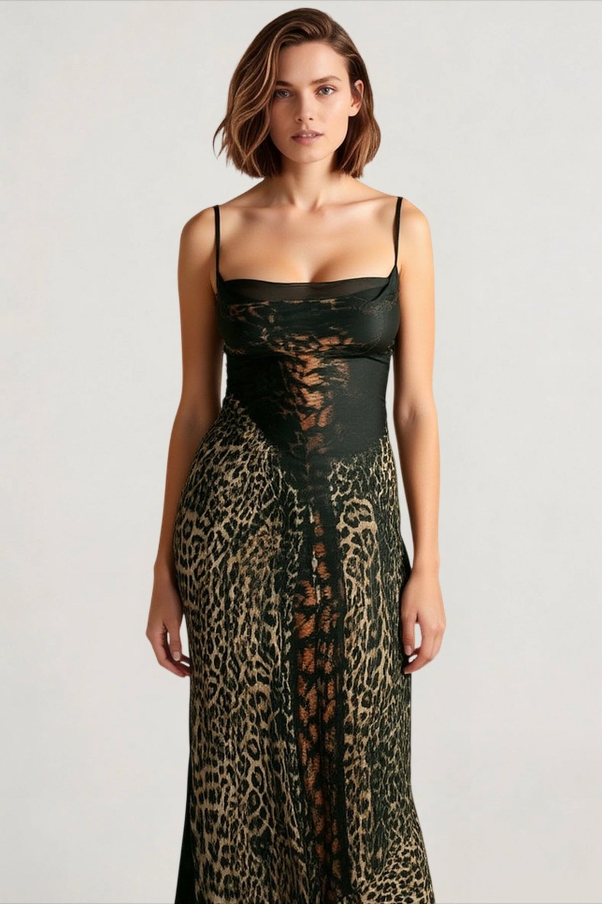 Spaghetti Strap Lace Corset Bodice Print Column Maxi Dress 3