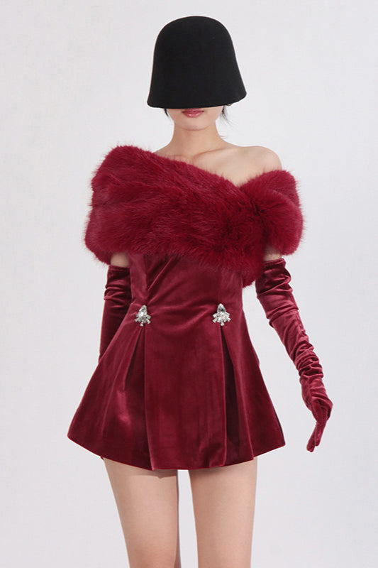 Velvet Strapless Crystal Brooch Peplum Faux Fur Wrap Mini Dress 3