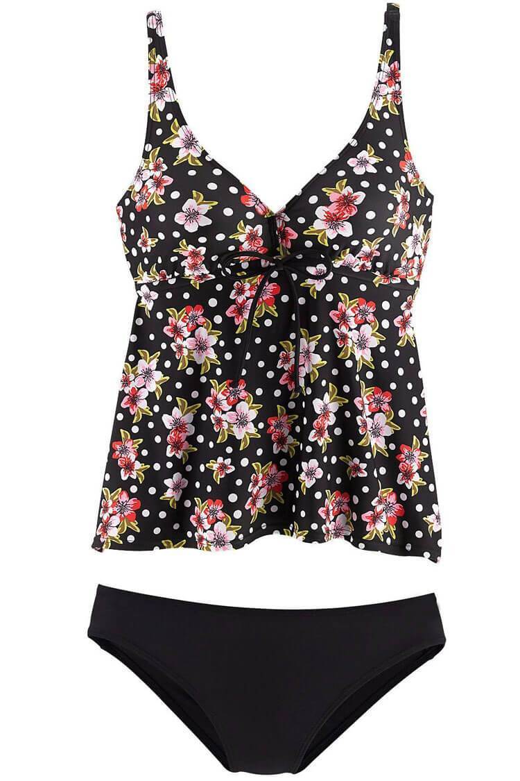 Floral Bowknot Flare Deep V Neck Tankini - Two Piece Swimsuit