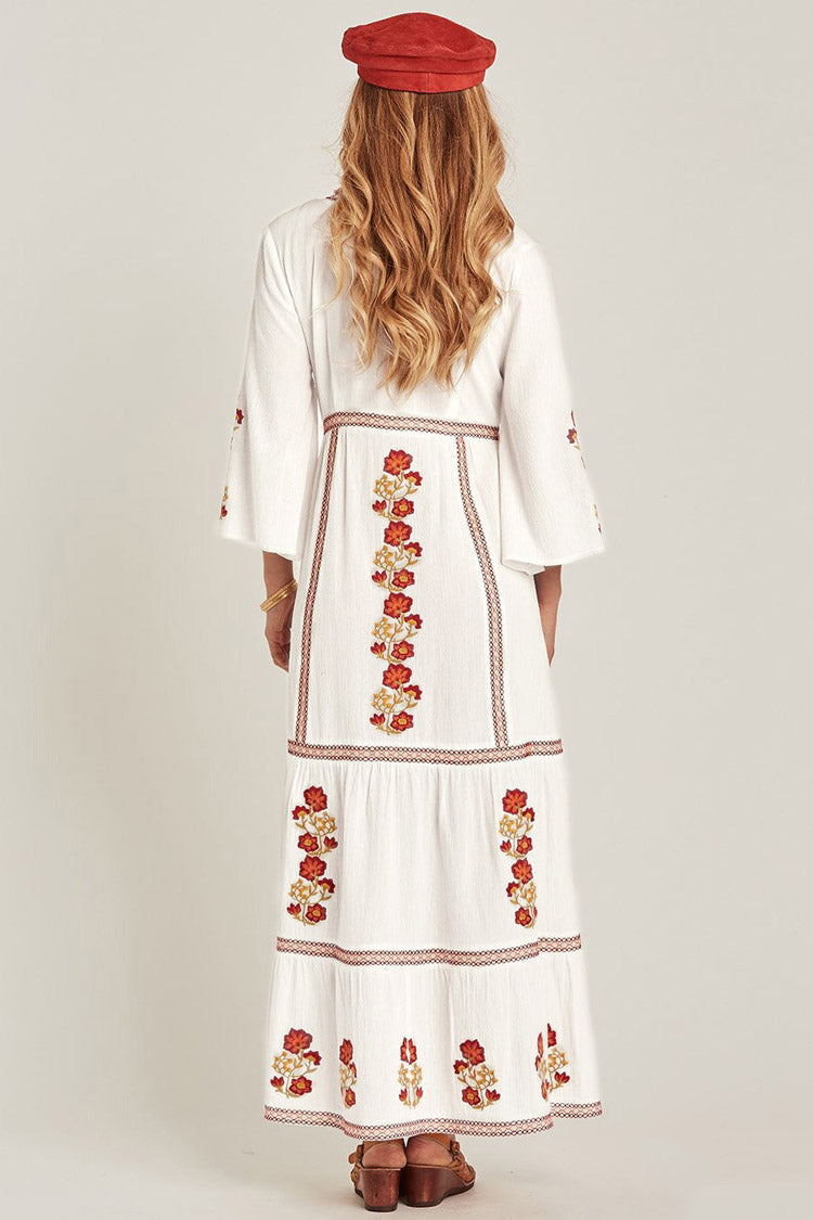 Floral Embroidered Tie Neck Bell Sleeve Tiered Border Trim Maxi Dress 2