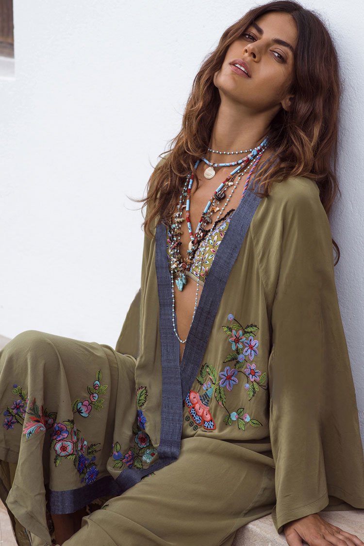 Floral Embroidery Sleeved Maxi Cover Up