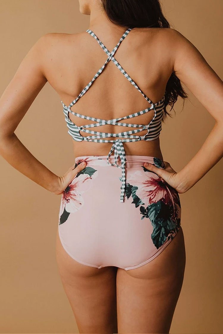Floral High Waist Lace Back Crop Bikini Swimsuit - Two Piece Set