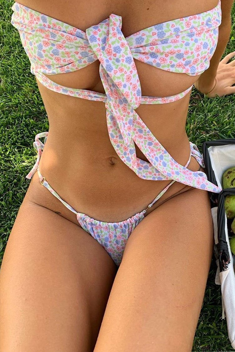 Floral Knotted Front Tie String Bandeau Bikini Swimsuit - Two Piece Set