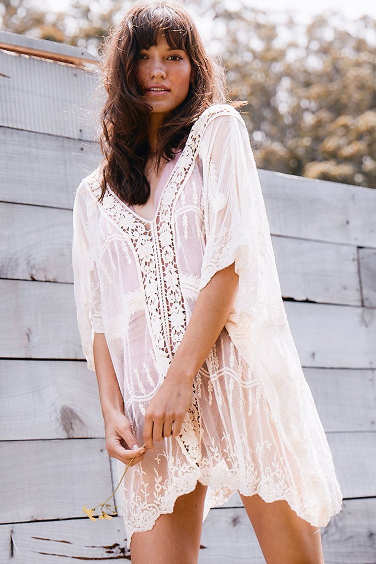 Floral Lace Crochet Sleeved Sheer Kaftan Cover Up