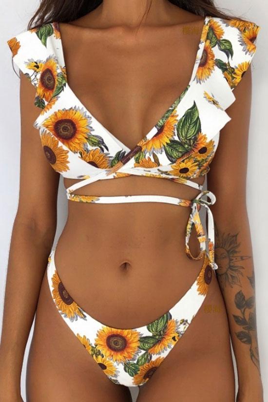 Floral Multi Way Ruffle Tie String Bikini Swimsuit - Two Piece Set